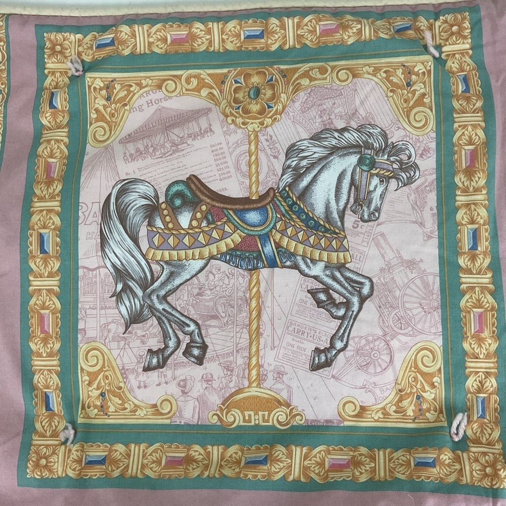 Handmade vintage lap quilt blanket carousel horses print 40.5” x 37”